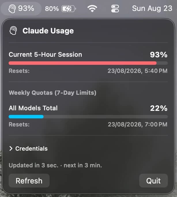 Claude Usage Monitor panel in the macOS menu bar showing a 93 percent five hour session and a 22 percent weekly quota