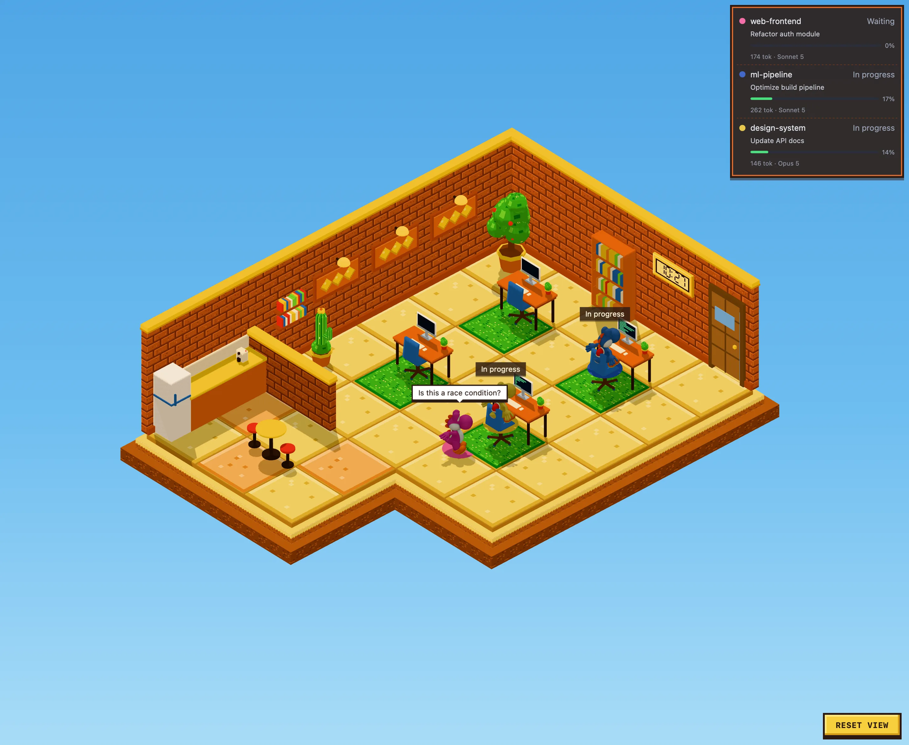 My Studio dashboard showing a pixel-art office with Yoshi-style agent characters and live status panels for the tasks they are working on