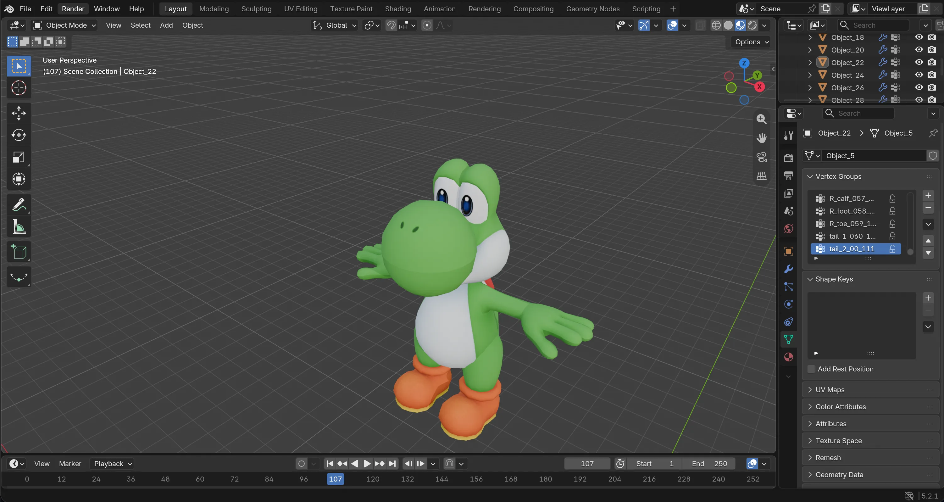 Blender viewport showing the Yoshi character's rig and vertex groups while building the 3D agent avatar